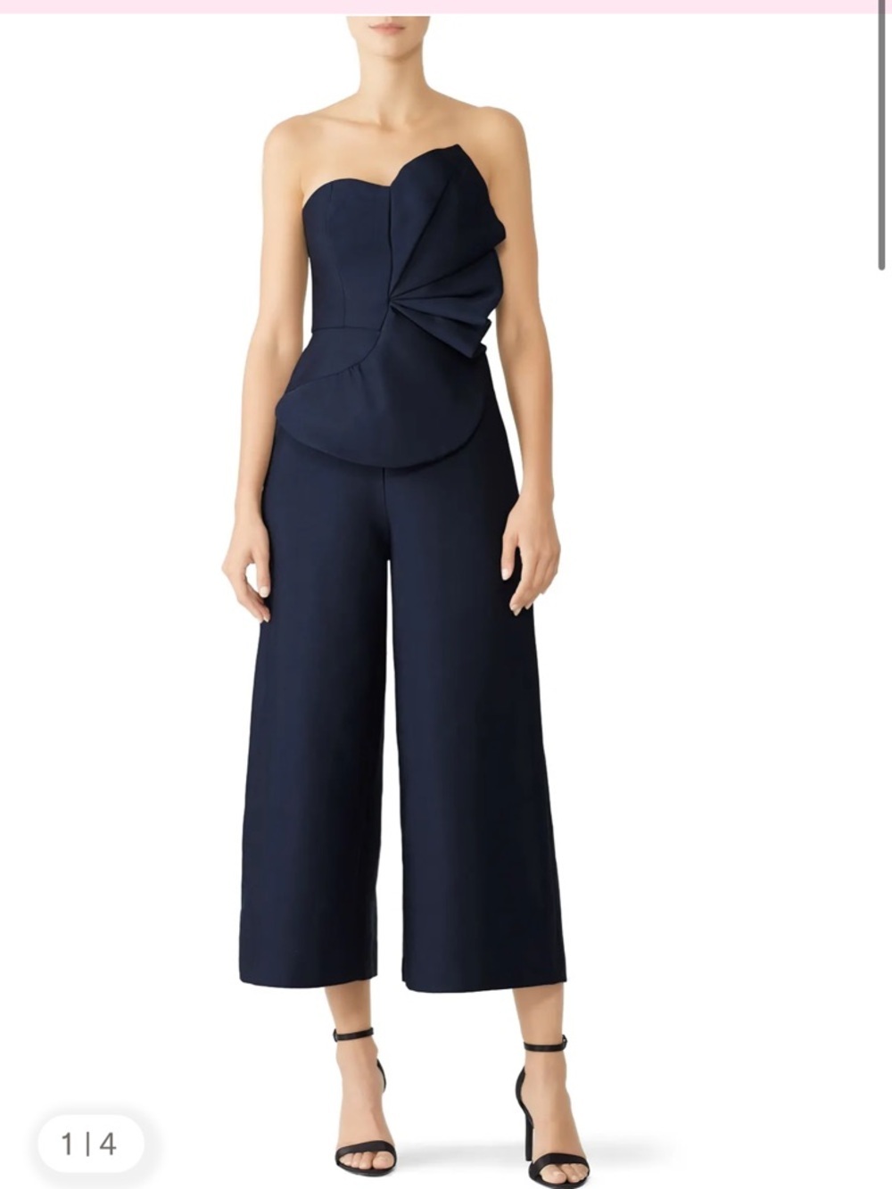 Keepsake Love Light Strapless Ruffle Front Jumpsuit Navy Blue US Sz 8 L NEW